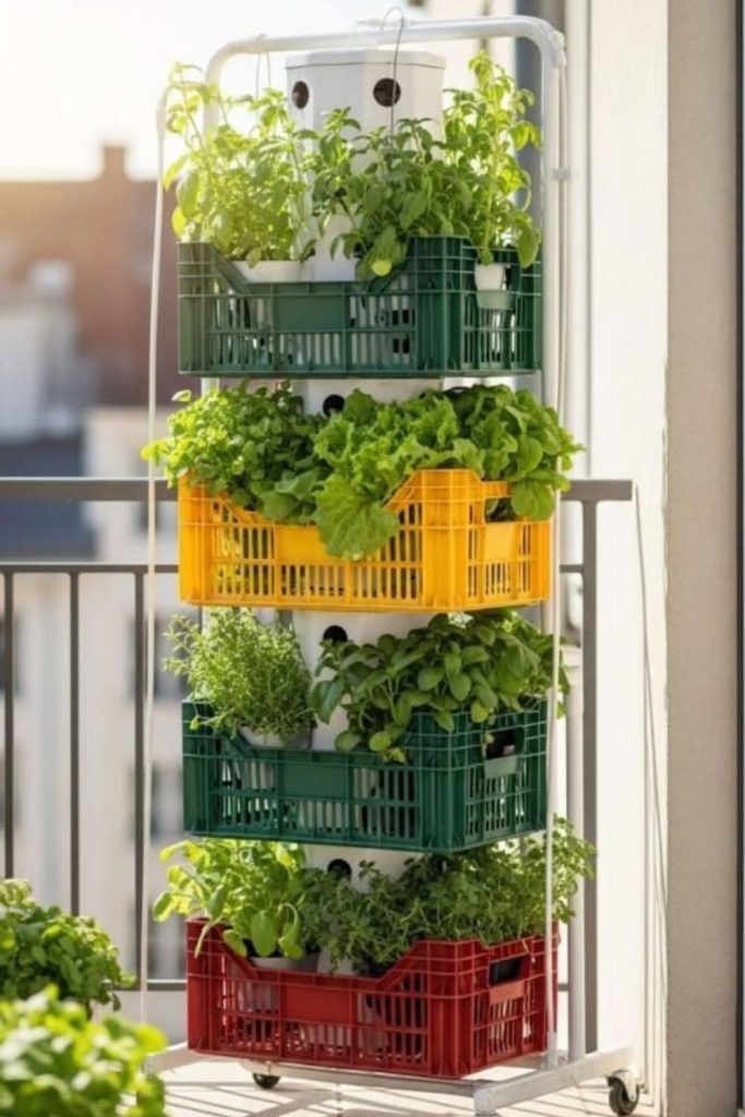 Stacked milk crate plant tower.