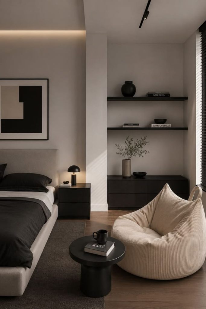 Clean minimalist bachelor bedroom setup.
