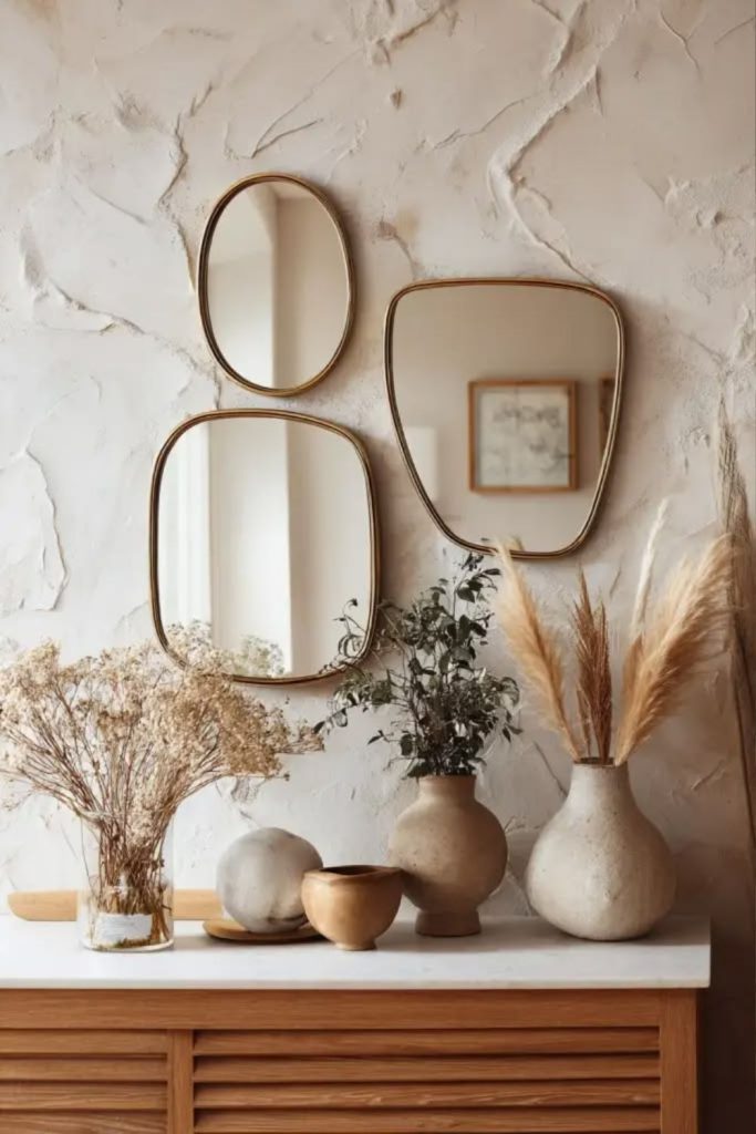 Mirror accents adding shelf depth.