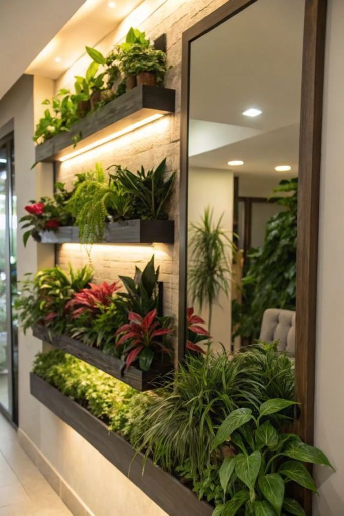 Mirror backed reflective plant shelf display