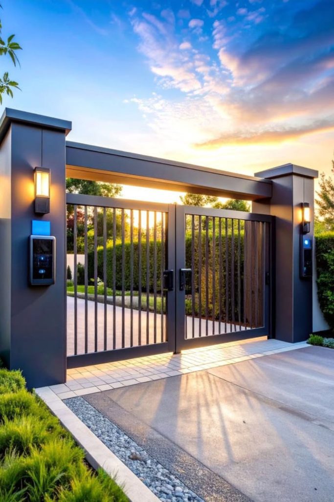 Reflective mirror finish modern driveway gate