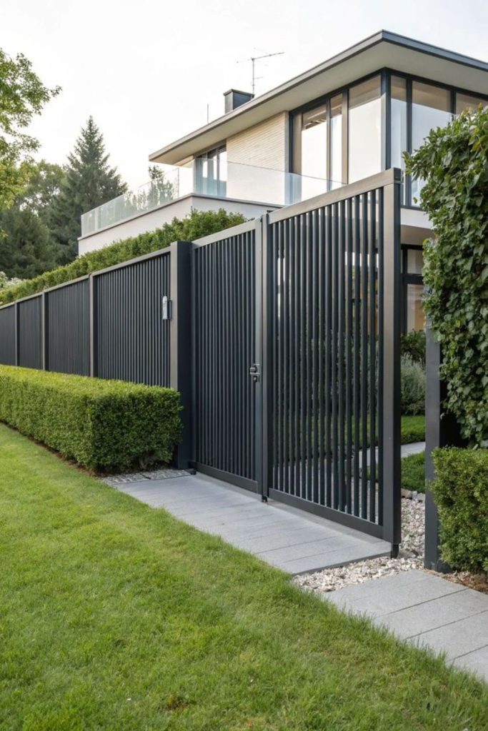 Sleek steel slat modern minimalist driveway gate
