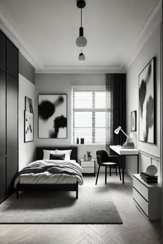 Sleek monochrome modern men's bedroom design.