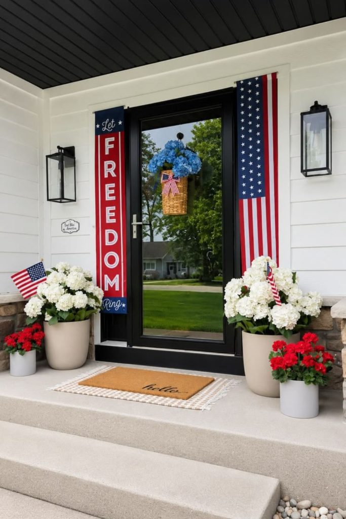 Modern glass porch with minimal flags and sleek patriotic architectural styling