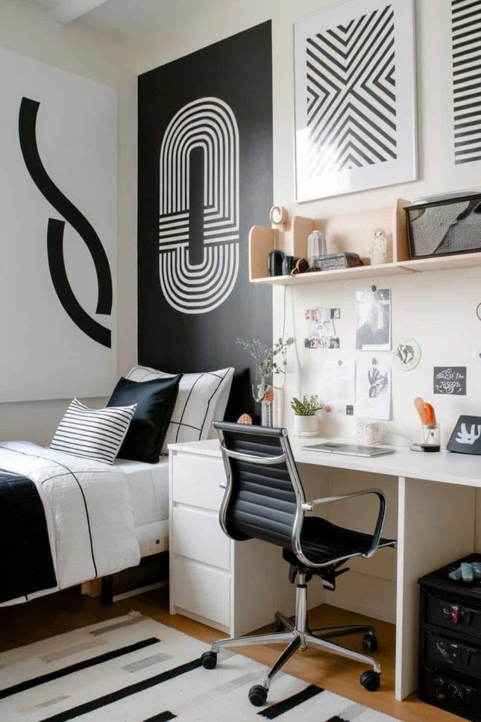 Modern monochrome dorm with sleek furniture.