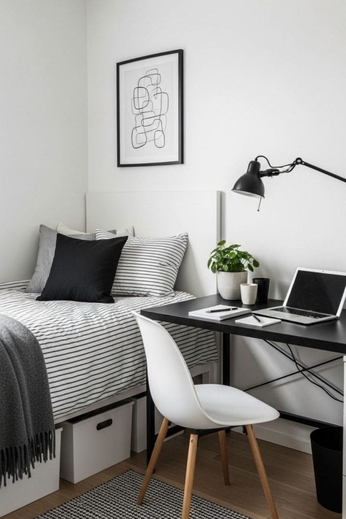 Modern monochrome minimalist dorm desk.