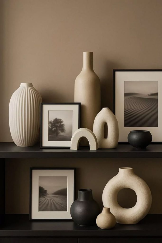 Monochrome sculptural shelf styling display.