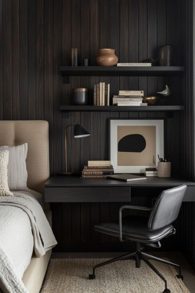 Black walnut modern dorm desk aesthetic.