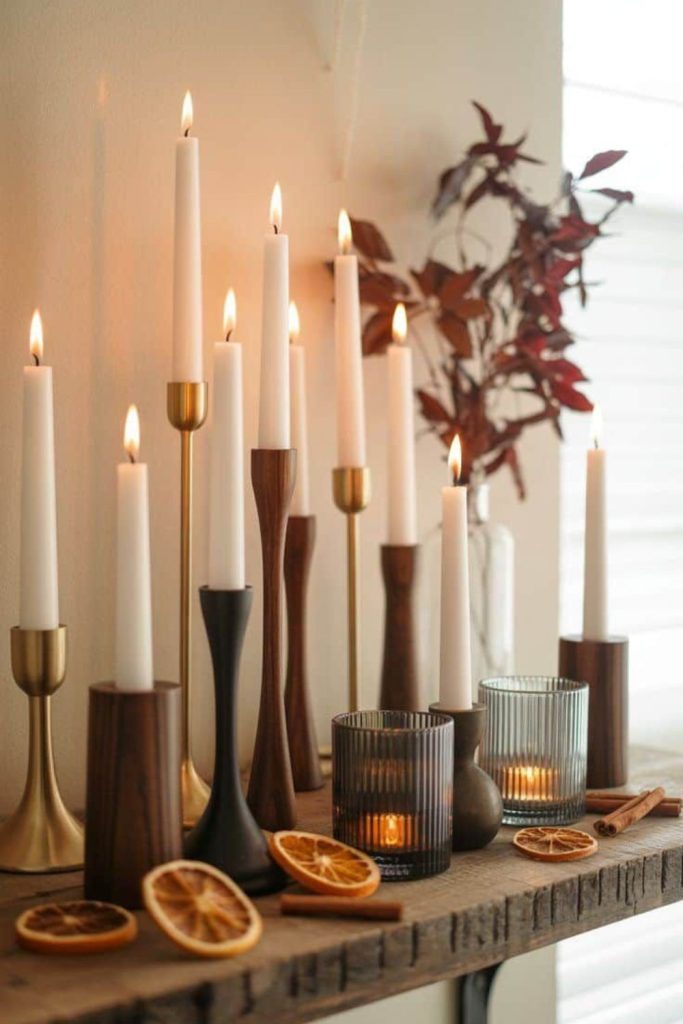 Moody candles arranged on shelf.