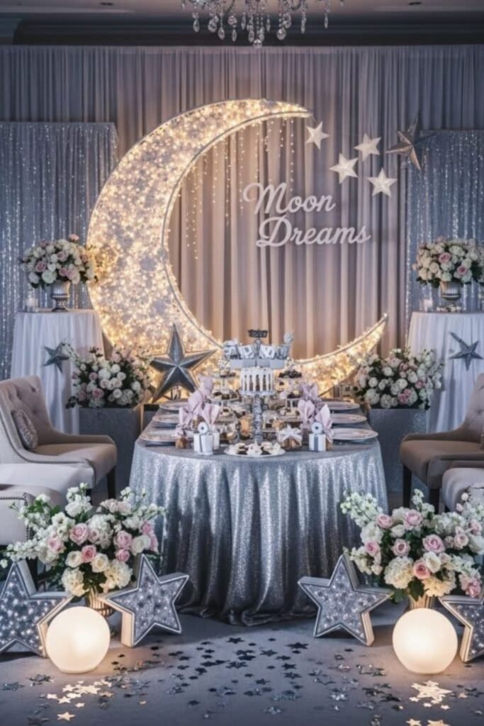 Moon and stars nursery shower decor.