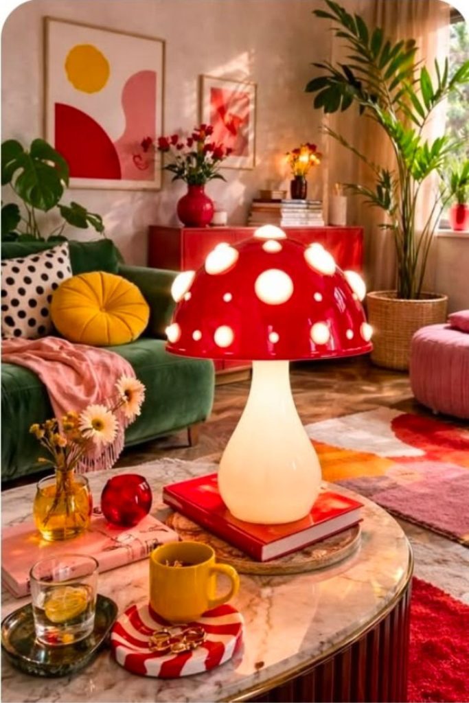 Whimsical mushroom lamps and velvet nook.