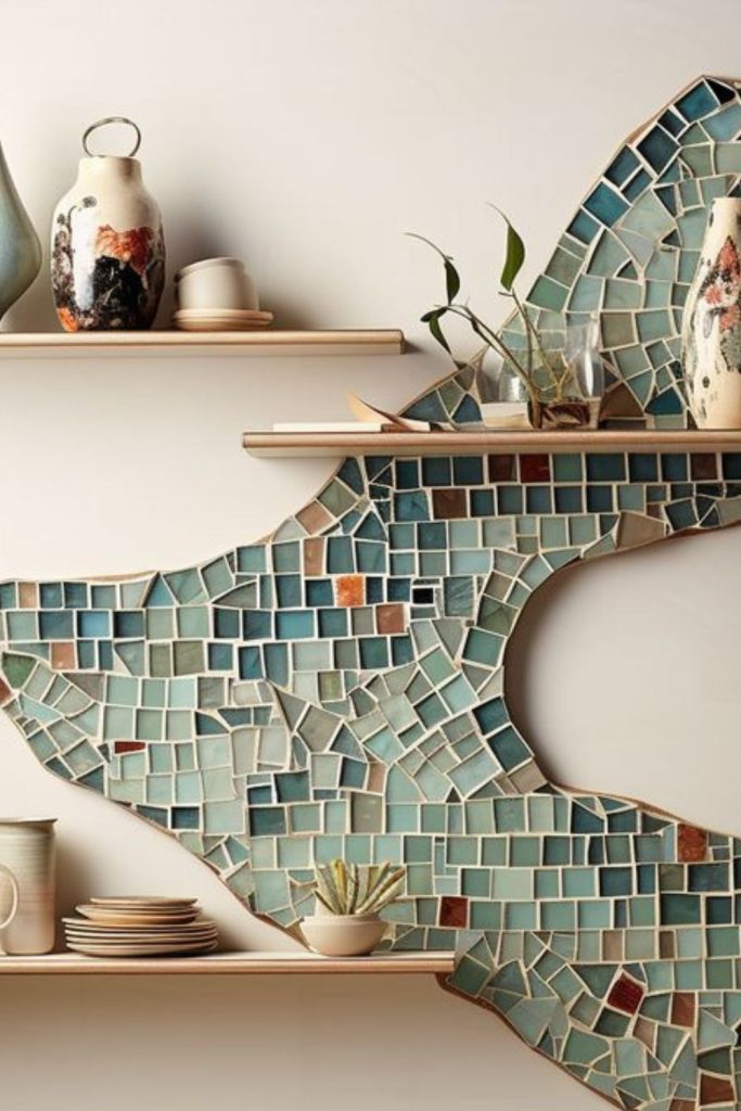 Mosaic geometric artistic shelf arrangement.