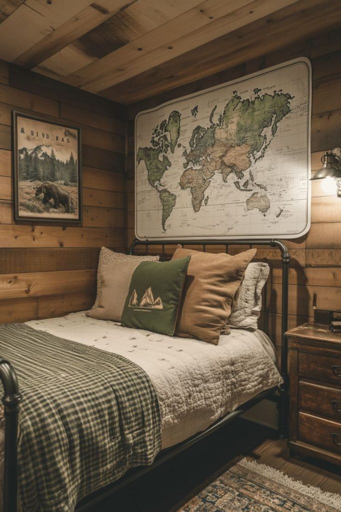 Mountain-inspired dorm with rustic woodland style.