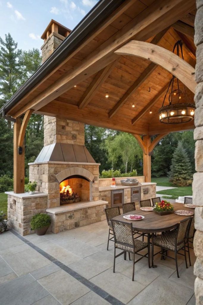 Mountain stone outdoor kitchen with fireplace.