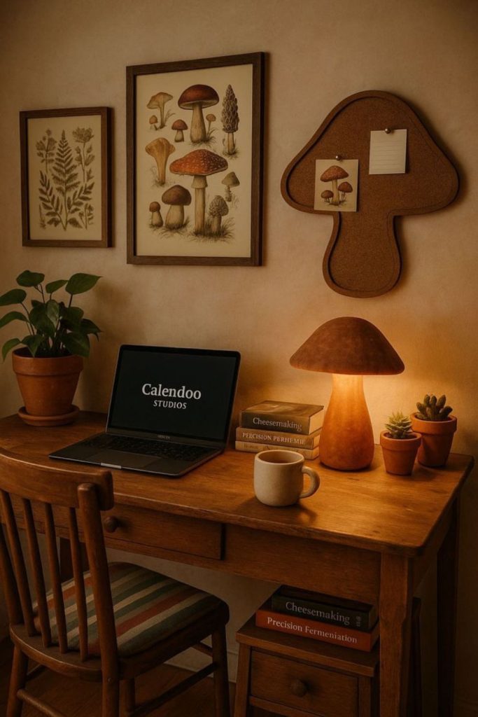 Whimsical mushroom aesthetic dorm desk.