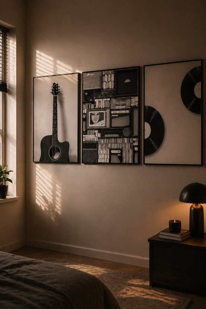 Music-inspired masculine bedroom with vinyl.