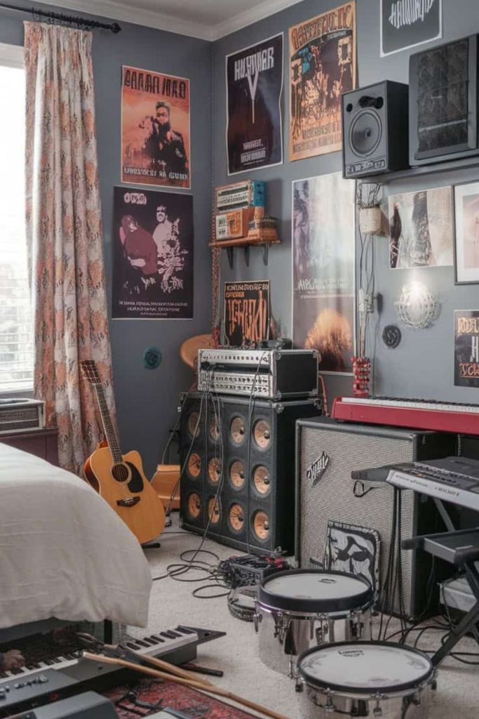 Music studio dorm with recording setup.