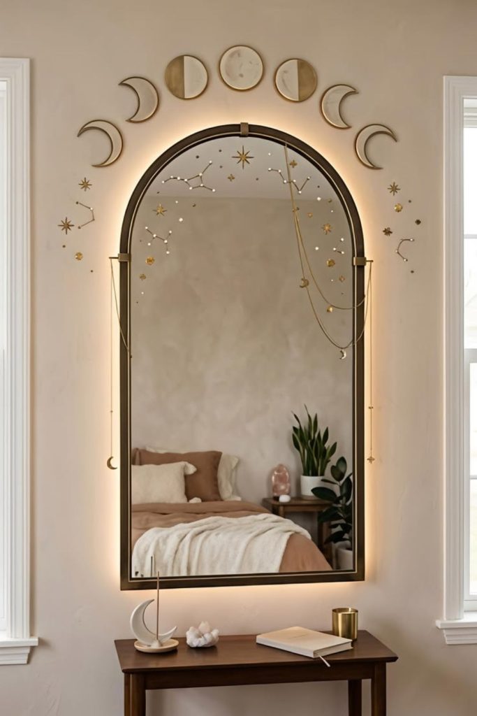 Constellation-inspired mirror arrangement on wall.