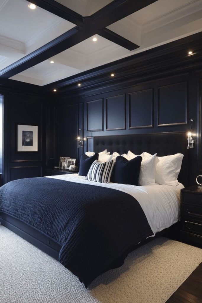 Elegant navy executive-style masculine bedroom.