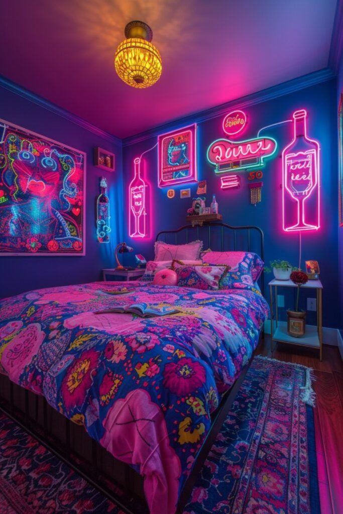 Neon-lit bedroom with vibrant glow.