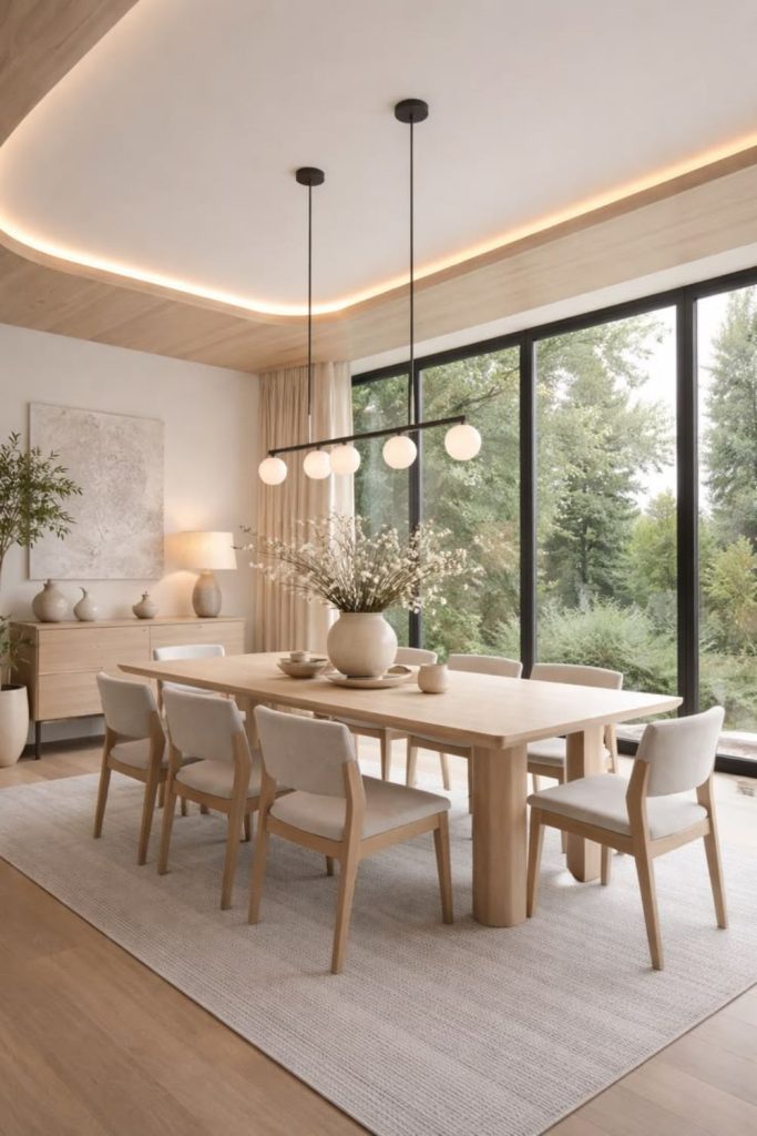 Oak furniture with ivory upholstered seating.