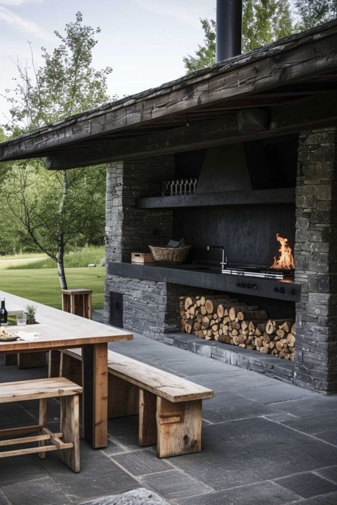 Dark stone modern courtyard barbecue kitchen