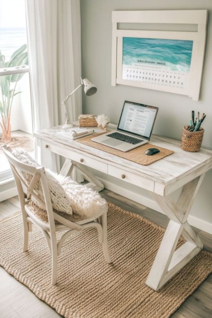 Coastal blue aesthetic dorm desk setup.