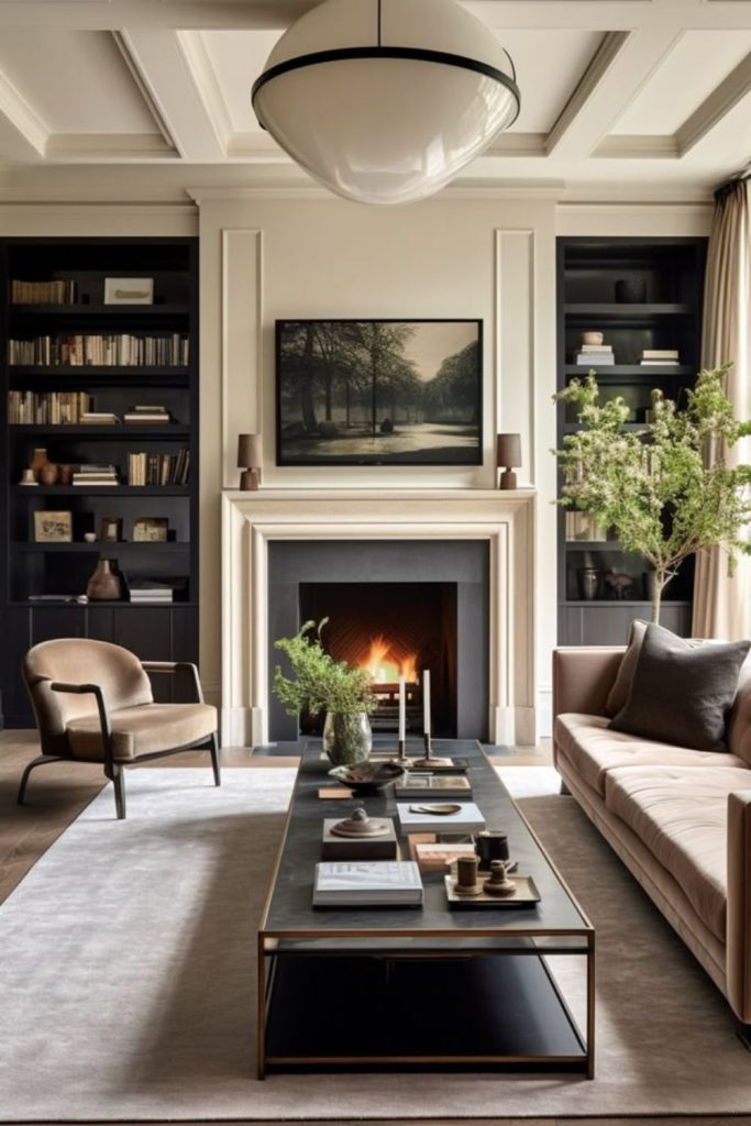 Open fireplace living room with rugs.