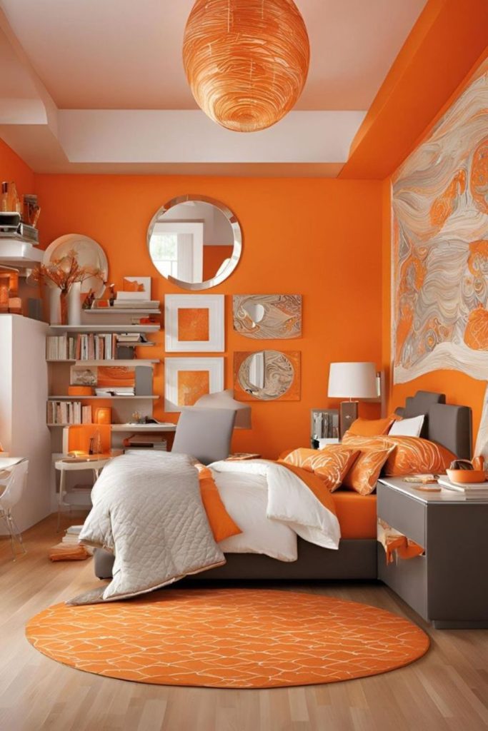 Bright orange bedroom with retro accents.