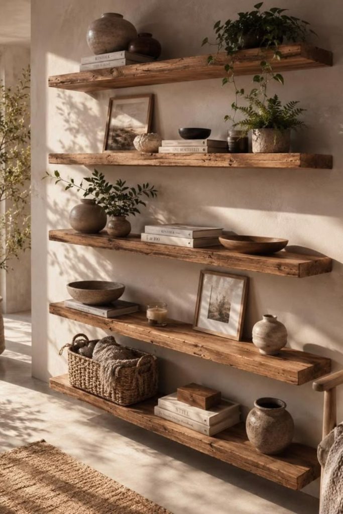 Organic wood decor shelf styling.