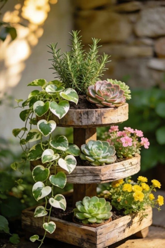 Wooden pallet multi level plant rack