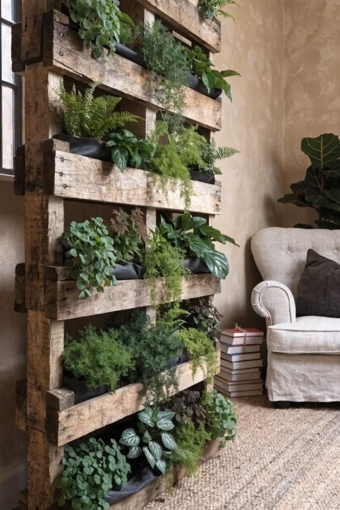 Vertical pallet wood plant wall.