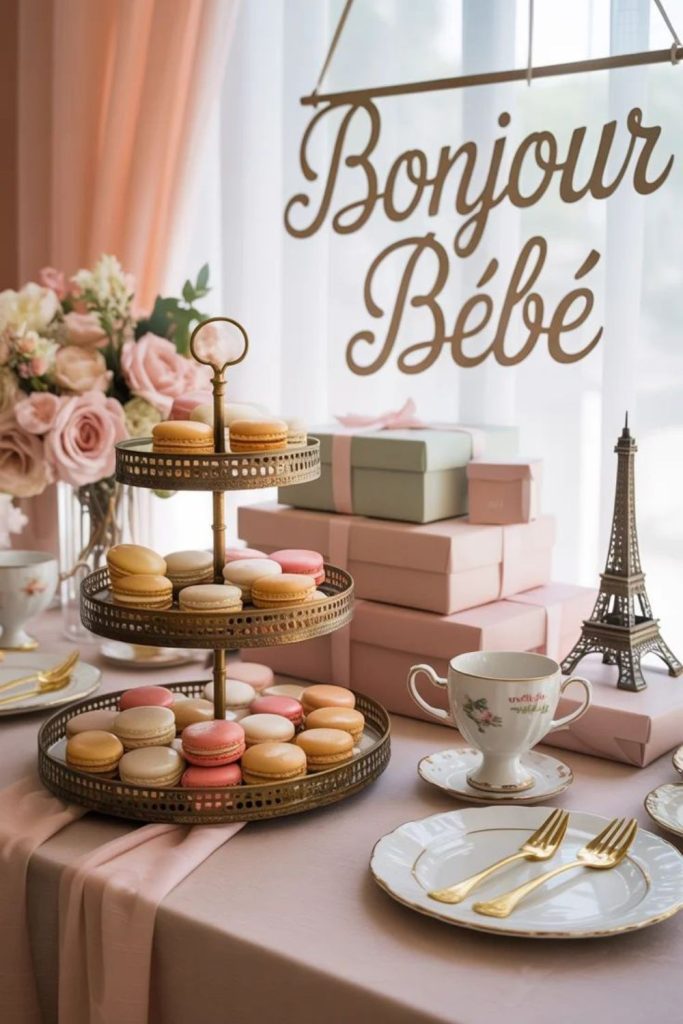Parisian café baby shower party theme.