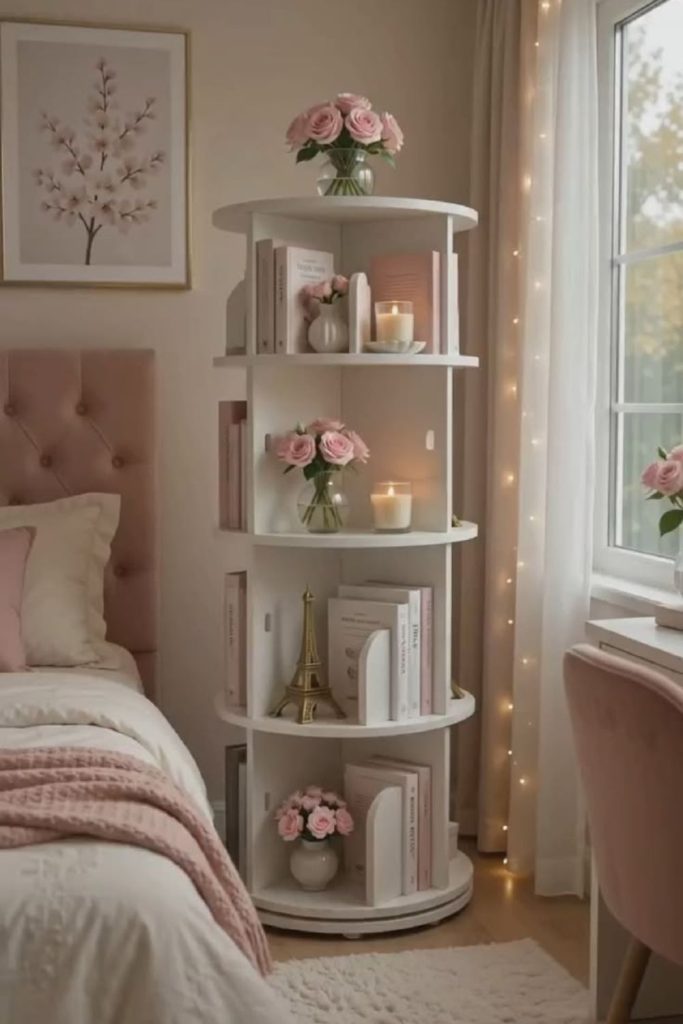Parisian dorm featuring elegant blush decor.