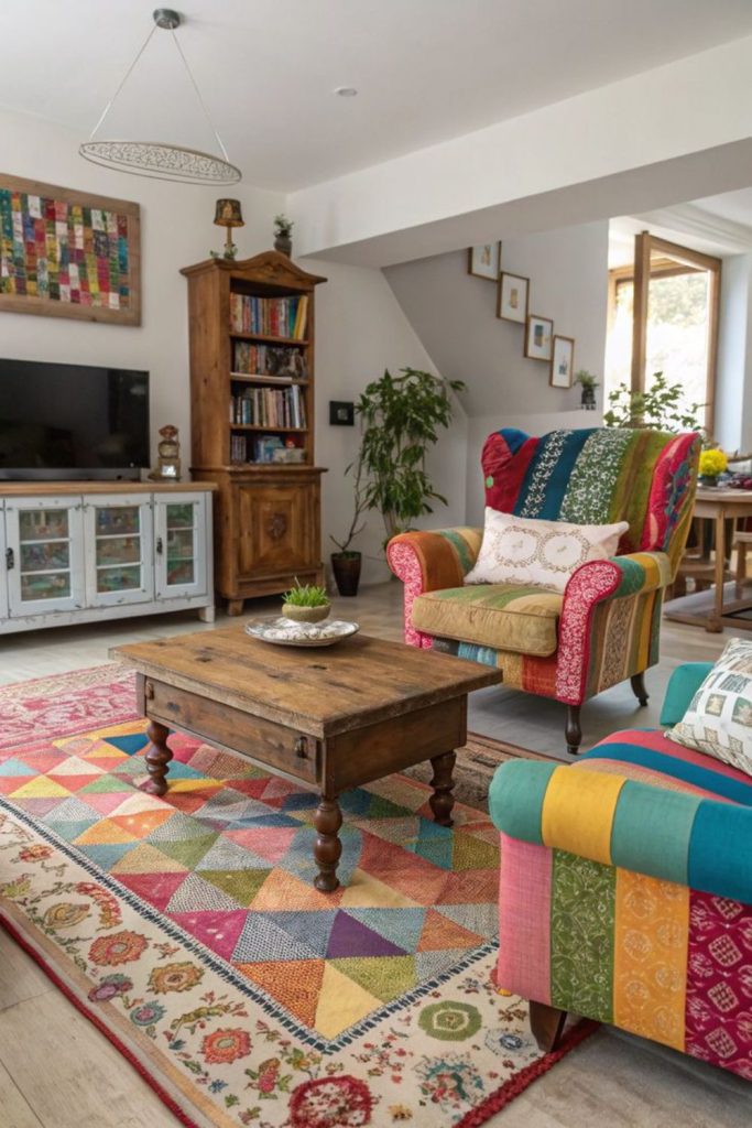 Colorful patchwork furnishings and eclectic accents.