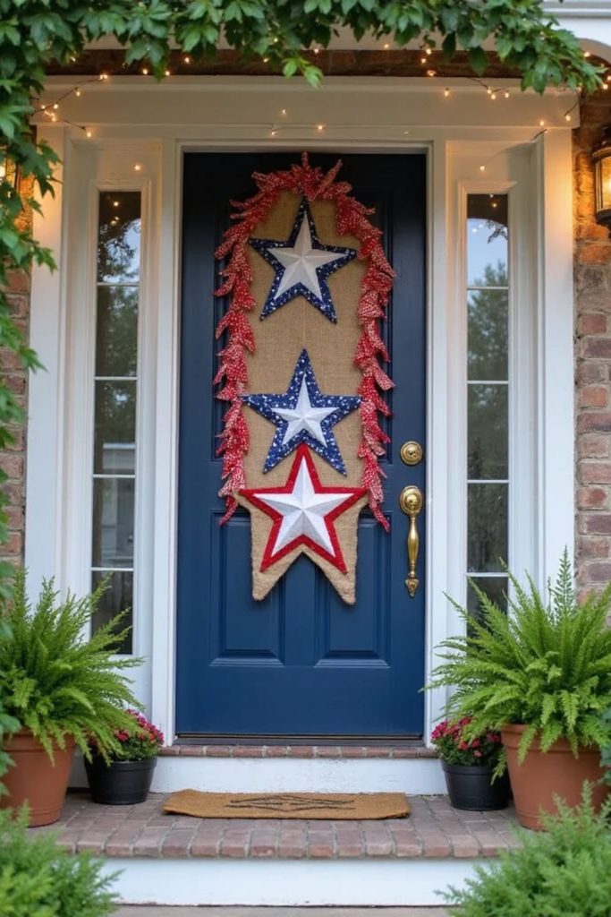 Patriotic gingham patterned wooden door decor.