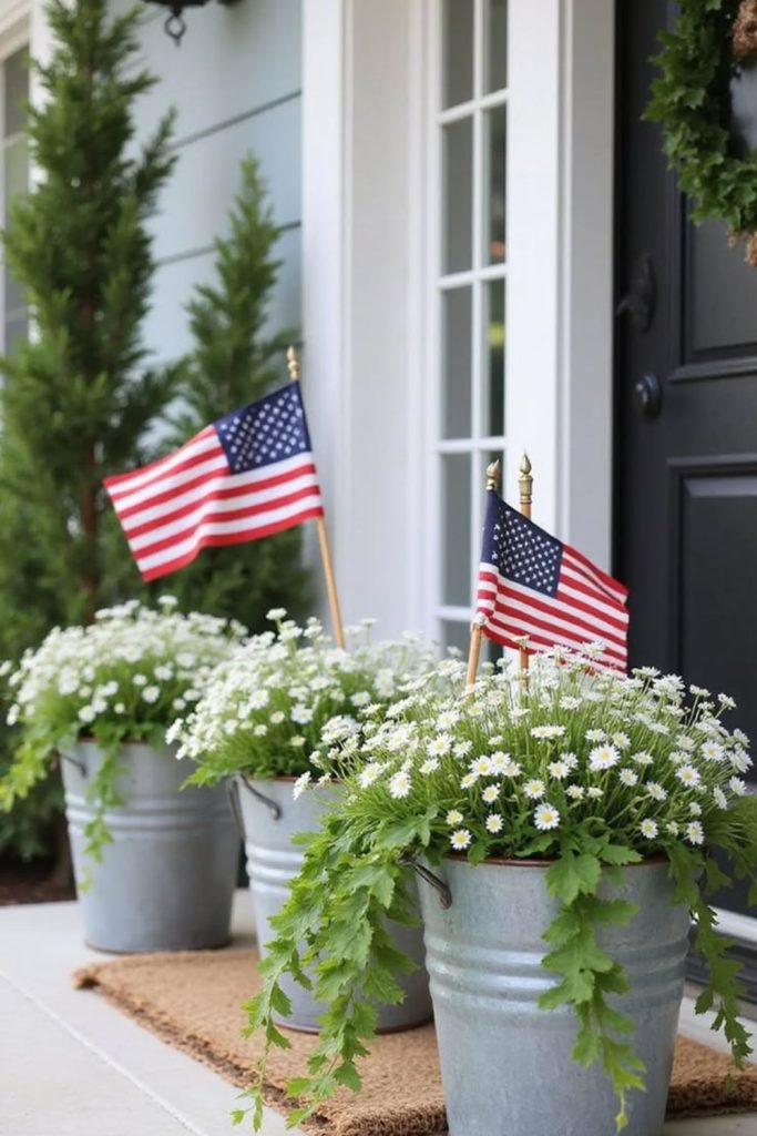 Herb planters mixed with red white blue decor