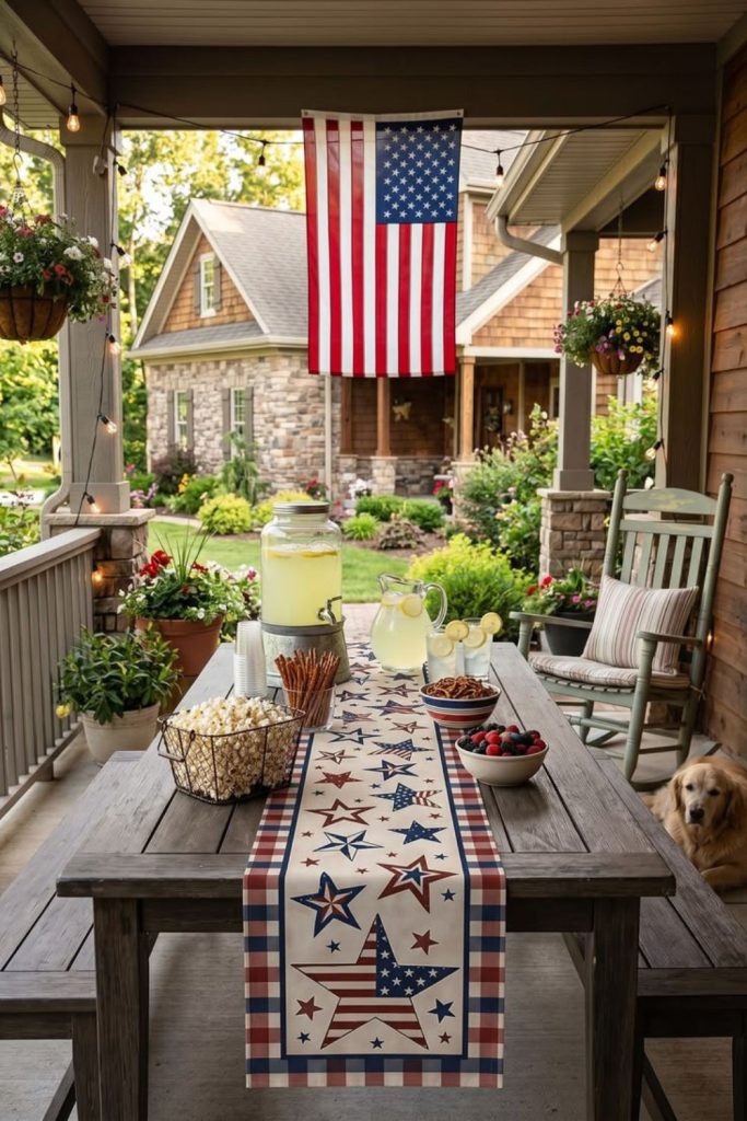 Gingham picnic style porch celebration setup