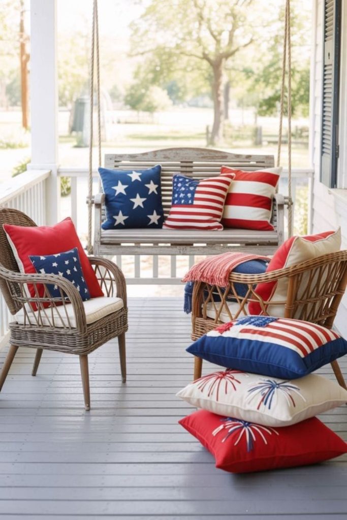 Cozy swing decorated with stars stripes cushions