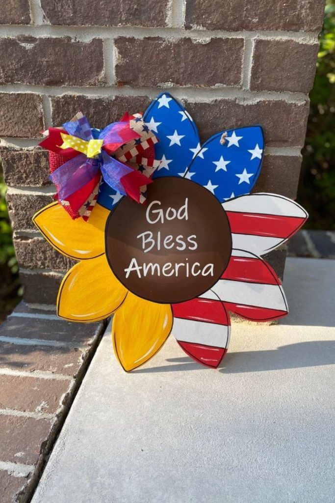 Sunflowers with patriotic decorative accents.