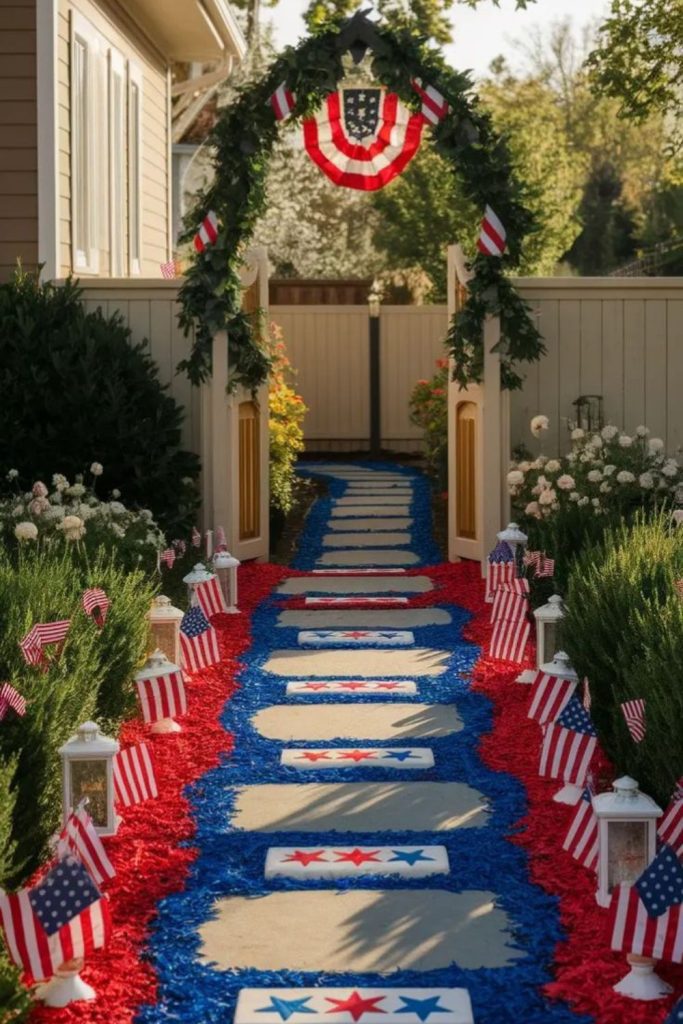 Garden walkway with flags blooms and patriotic themed entry design pathway