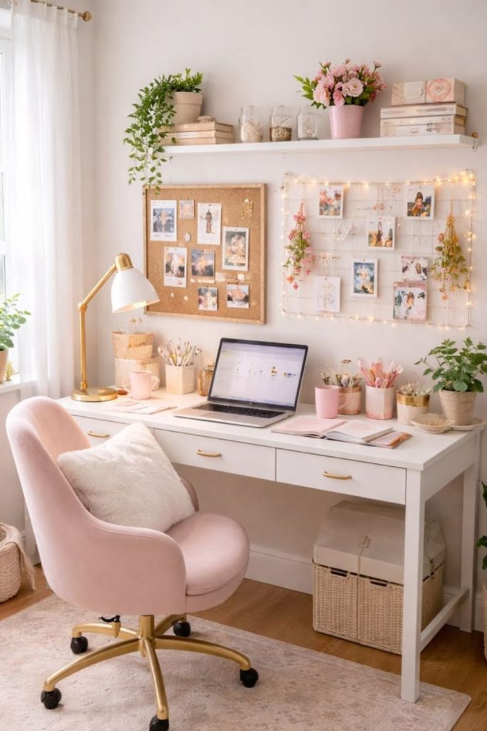 Peach cream aesthetic dorm desk.