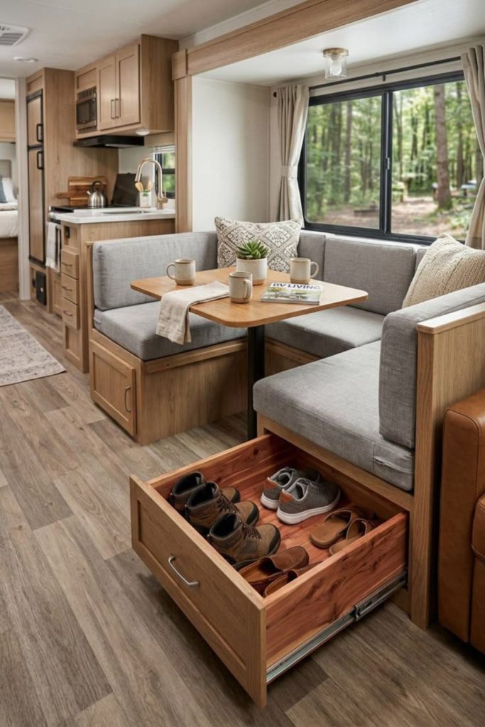 Gray shoreline camper with serene styling.