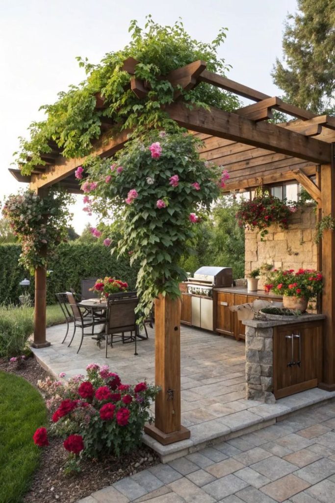 Vine covered pergola outdoor kitchen corner.