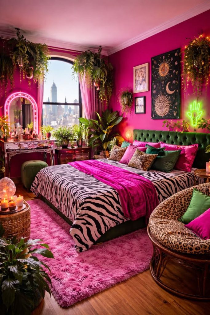 Pink zebra print teen bedroom.