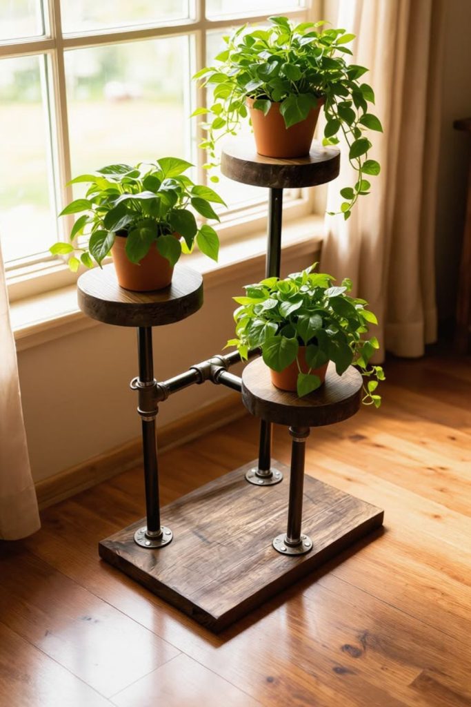 Industrial pipe and wood stand.