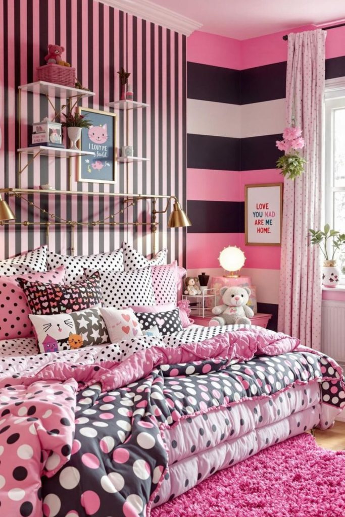 Polka dot bedroom with vibrant colors.