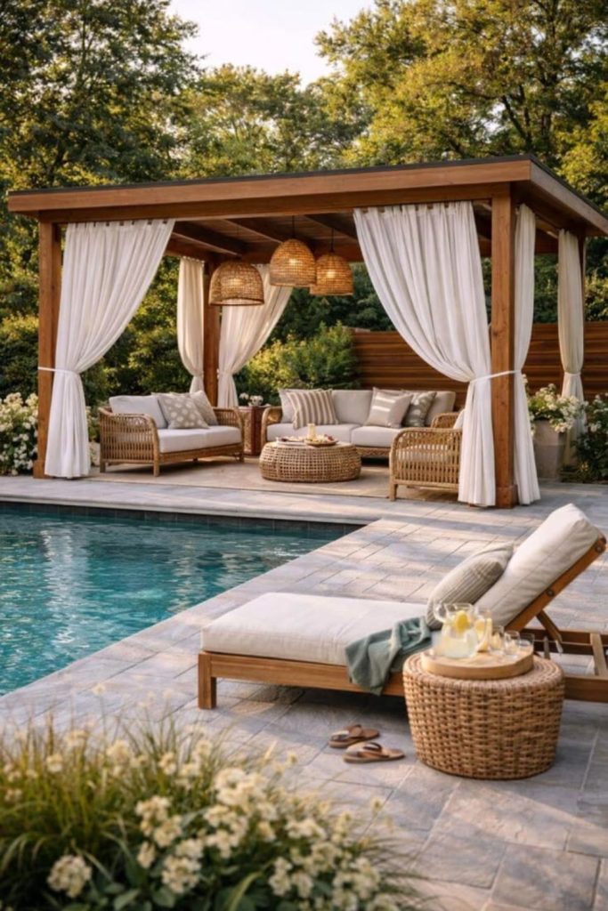 Poolside cabana shaded resort lounge space