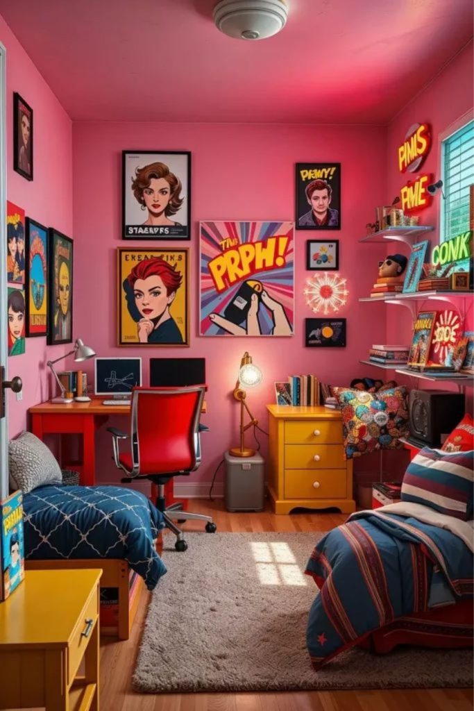 Colorful pop art dorm bursting vibrancy.