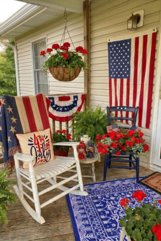 Open porch with flowing flags rocking chairs and prairie inspired patriotic mood